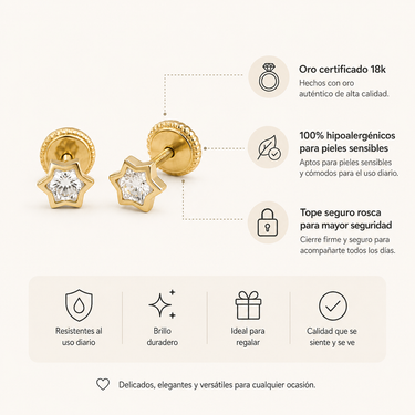 Abridores Tope Rosca Estrella Hexagonal Zafiro 4mm oro 18K